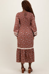 Mocha Smocked Floral Crochet Lace Trim Maxi Dress