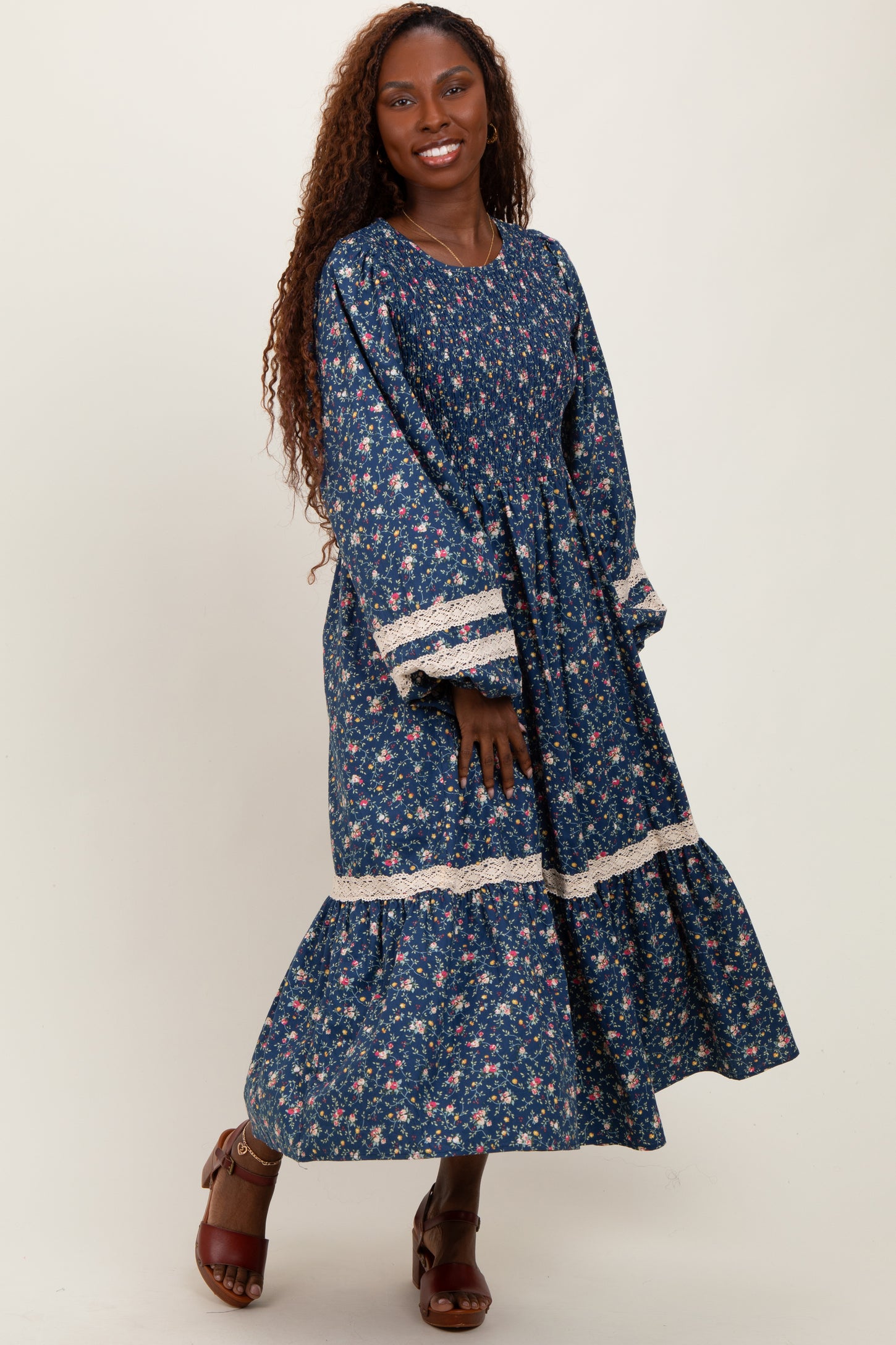 Blue Smocked Floral Crochet Lace Trim Maxi Dress