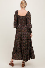 Black Floral Button Accent Bodice Tiered Maxi Dress