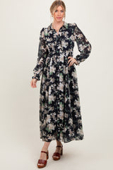 Black Floral Chiffon Ruffle Accent Button Down Maternity Maxi Dress