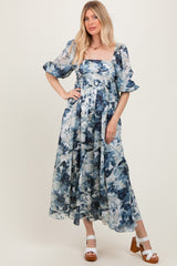 Navy Floral 3/4 Puff Sleeve Maternity Maxi Dress