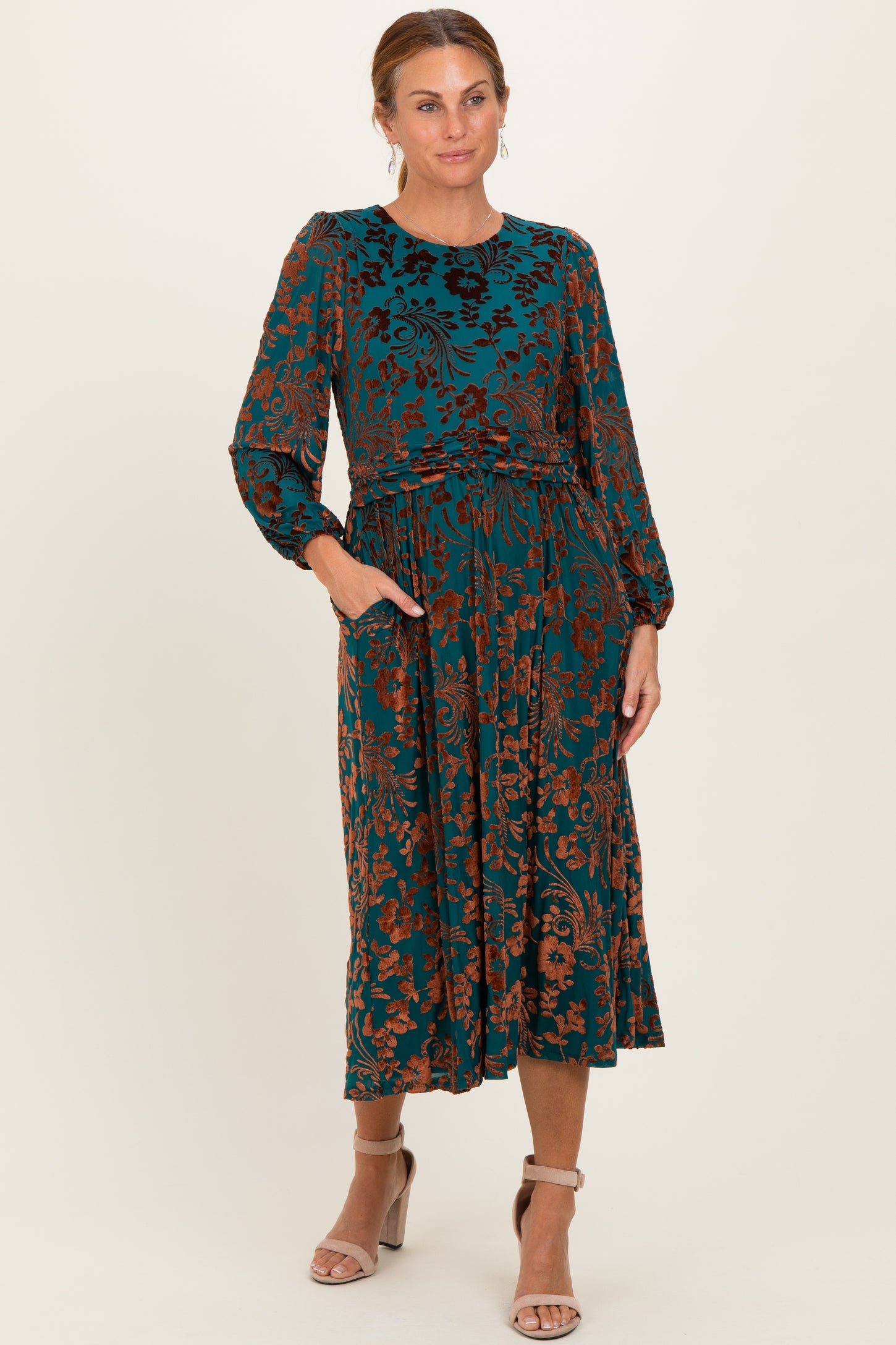 Teal Velvet Floral Overlay Midi Dress