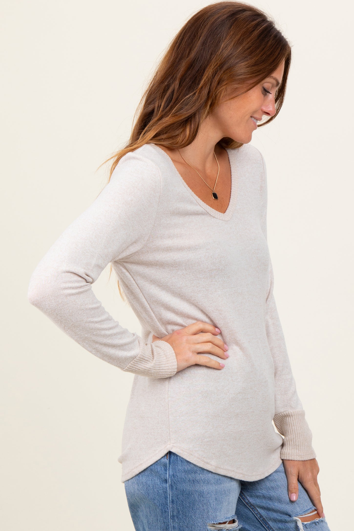 Beige Brushed Knit Relaxed V-Neck Long Sleeve Top