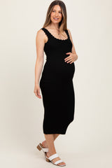 Black Scallop Trim Ribbed Knit Sleeveless Maternity Midi Dress