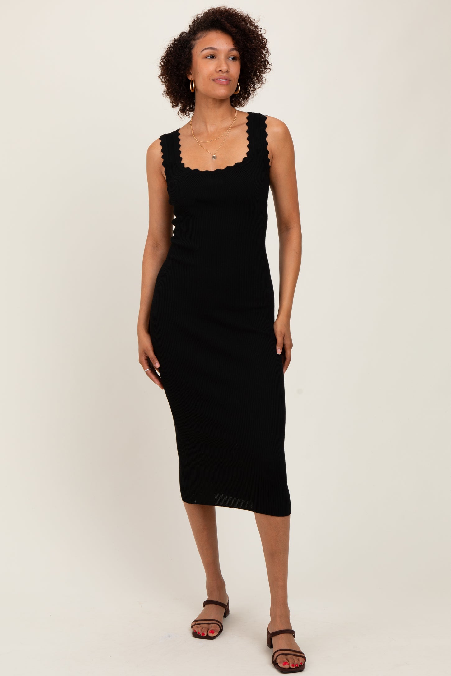Black Scallop Trim Ribbed Knit Sleeveless Midi Dress