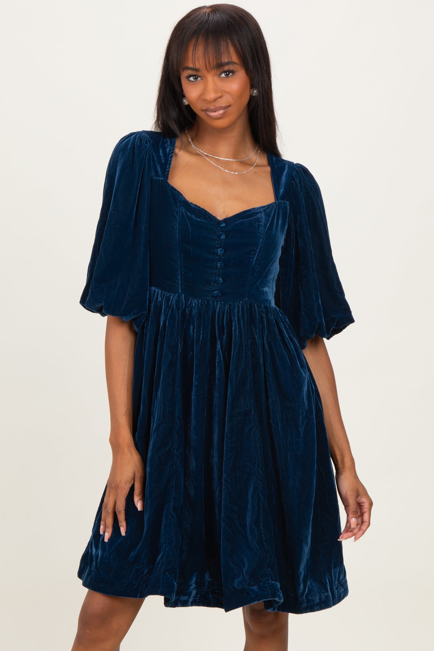 Navy Velvet Sweetheart Button Accent Maternity Dress
