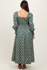 Olive Smocked Printed Square Neck Maternity Maxi Dress