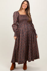 Brown Smocked Printed Square Neck Maternity Maxi Dress