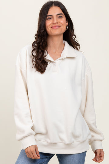 Ivory Fleece Collared Button Up Pullover