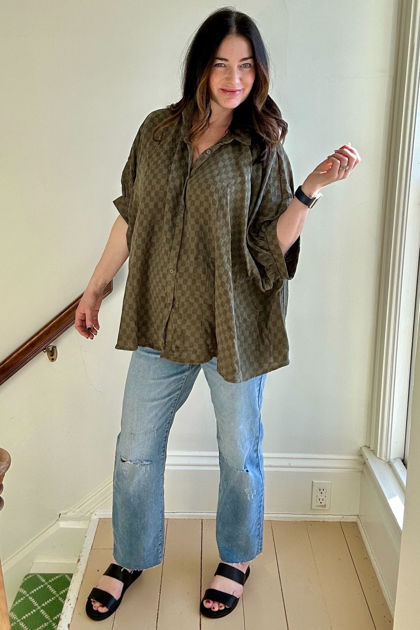 Olive Checker Print Short Sleeve Oversized Blouse