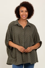 Olive Checker Print Short Sleeve Oversized Blouse