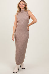 Mocha Checkered Knit Mock Neck Side Slit Maternity Maxi Dress