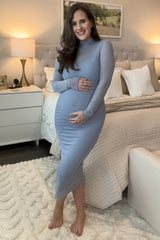 Light Blue Mesh Overlay Fitted Maternity Midi Dress