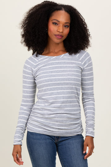 Grey Striped Ruched Side Long Sleeve Top