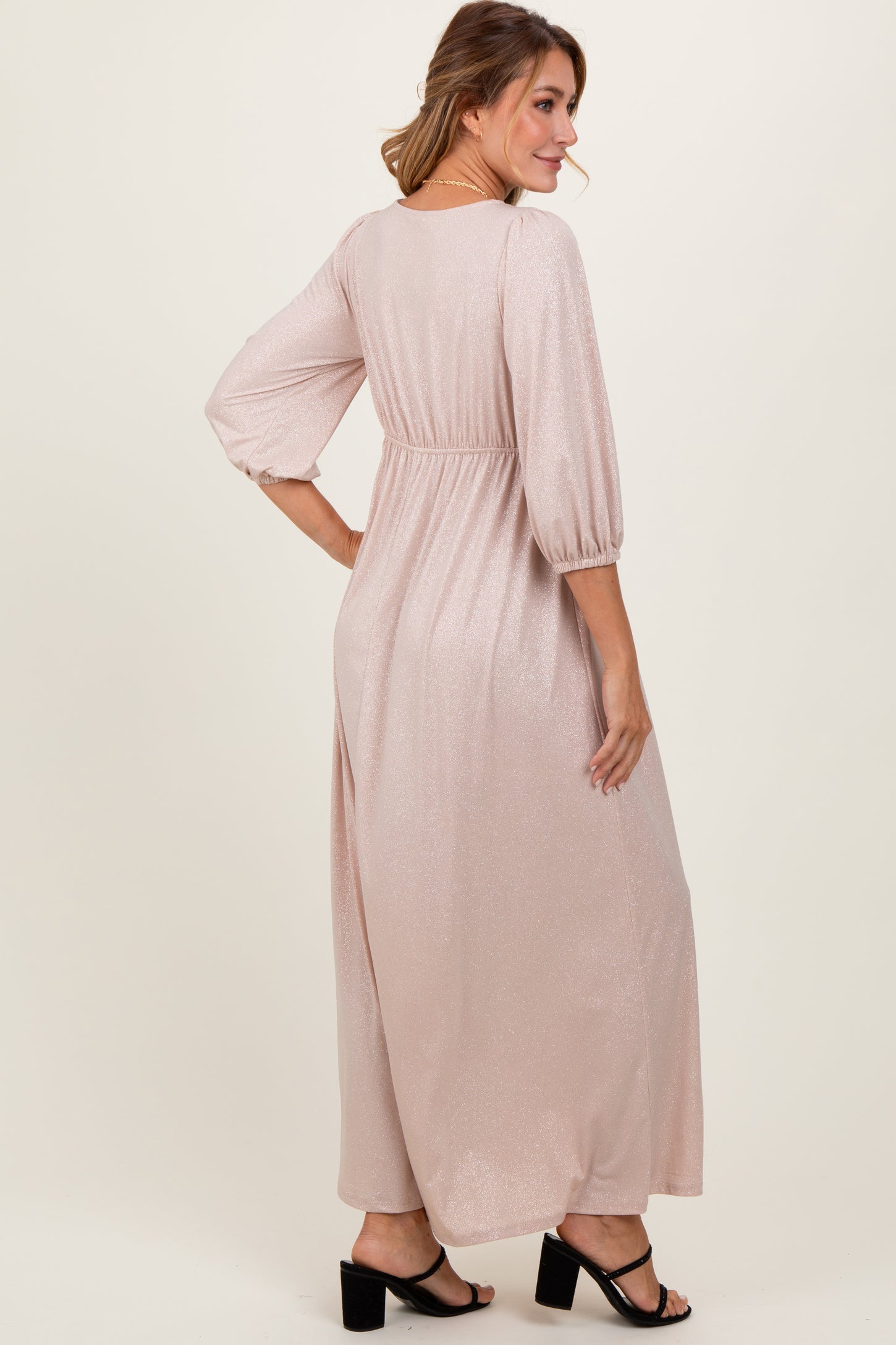 Beige Glitter V-Neck Maxi Dress