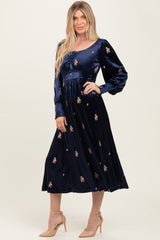 Navy Velvet Embroidered Floral Midi Dress