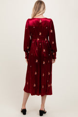 Red Velvet Embroidered Floral Midi Dress