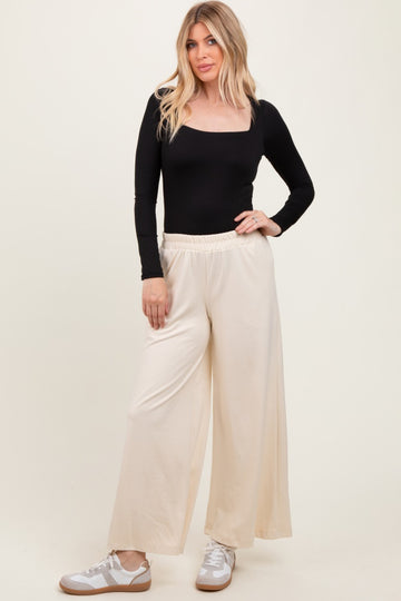 Cream Brushed Knit Wide Leg Pants
