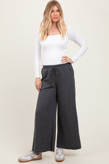 Charcoal French Terry Raw Edge Wide Leg Pants
