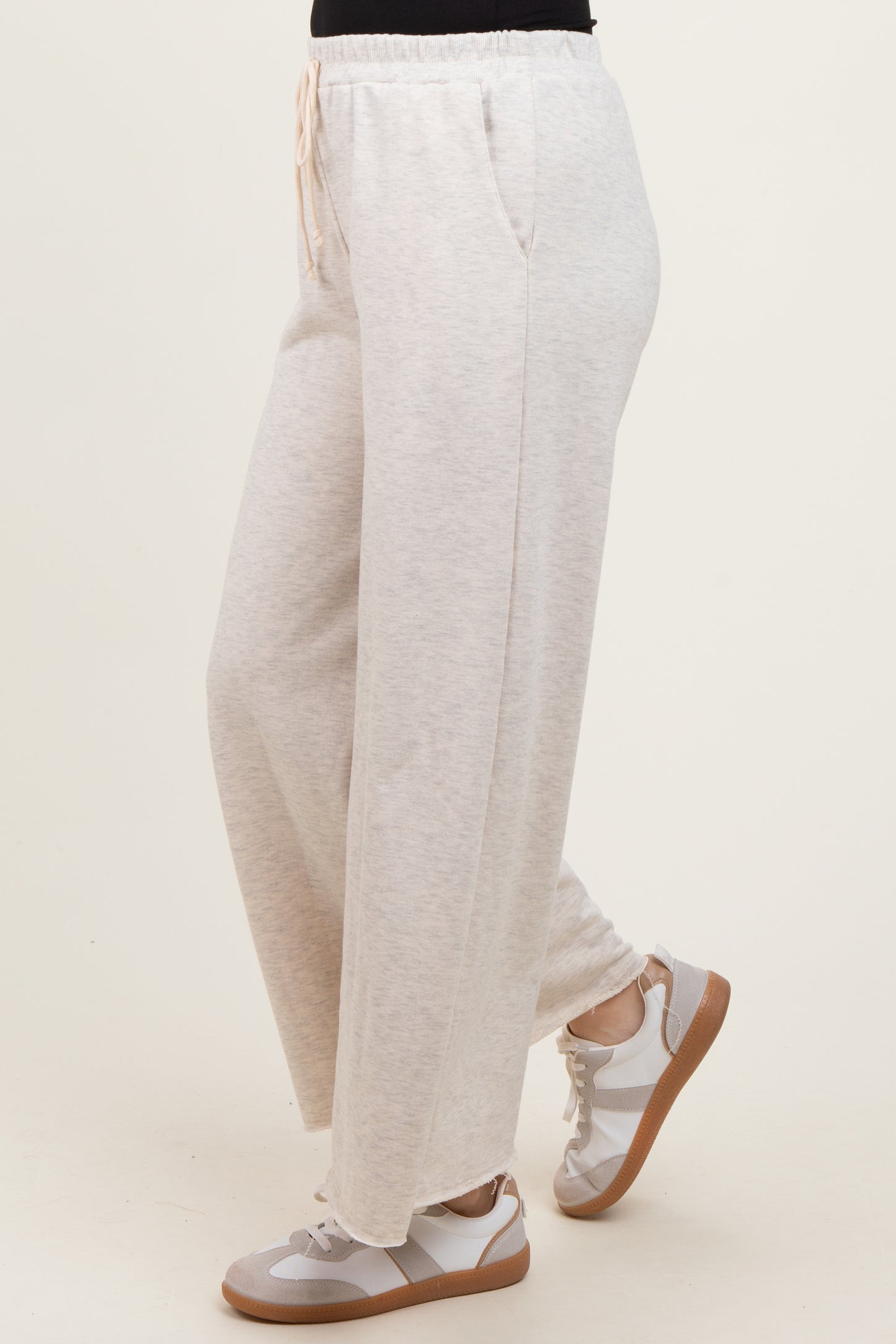 Beige French Terry Raw Edge Wide Leg Pants