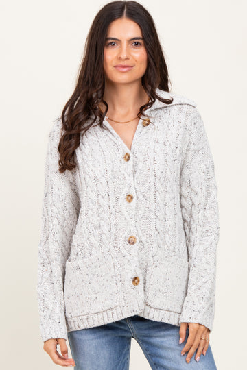 Heather Grey Cable Knit Collared Button Up Cardigan