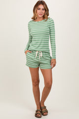 Green Striped Ribbed Long Sleeve Top Drawstring Short Maternity Set