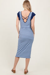 Light Blue Striped Ribbed Ruffle Sleeve Open Back Midi Dress