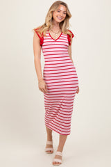 Light Pink Striped Ribbed Ruffle Sleeve Open Back Midi Dress