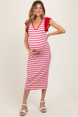 Light Pink Striped Ribbed Ruffle Sleeve Open Back Maternity Midi Dress