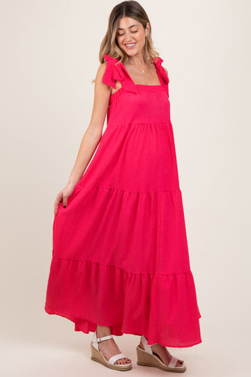 Fuchsia Shoulder Tie Tiered Maternity Maxi Dress