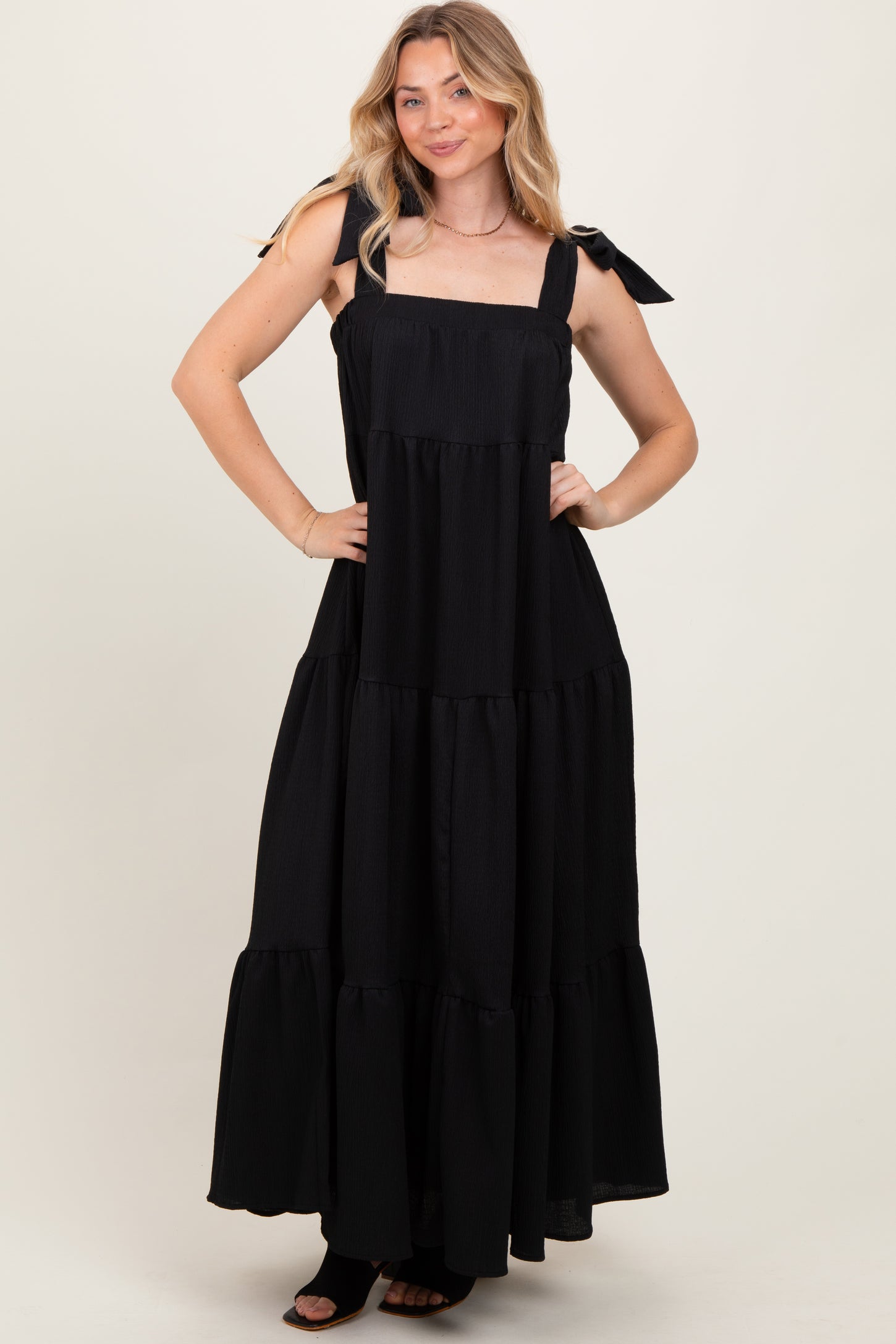 Black Shoulder Tie Tiered Maxi Dress