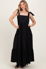 Black Shoulder Tie Tiered Maxi Dress