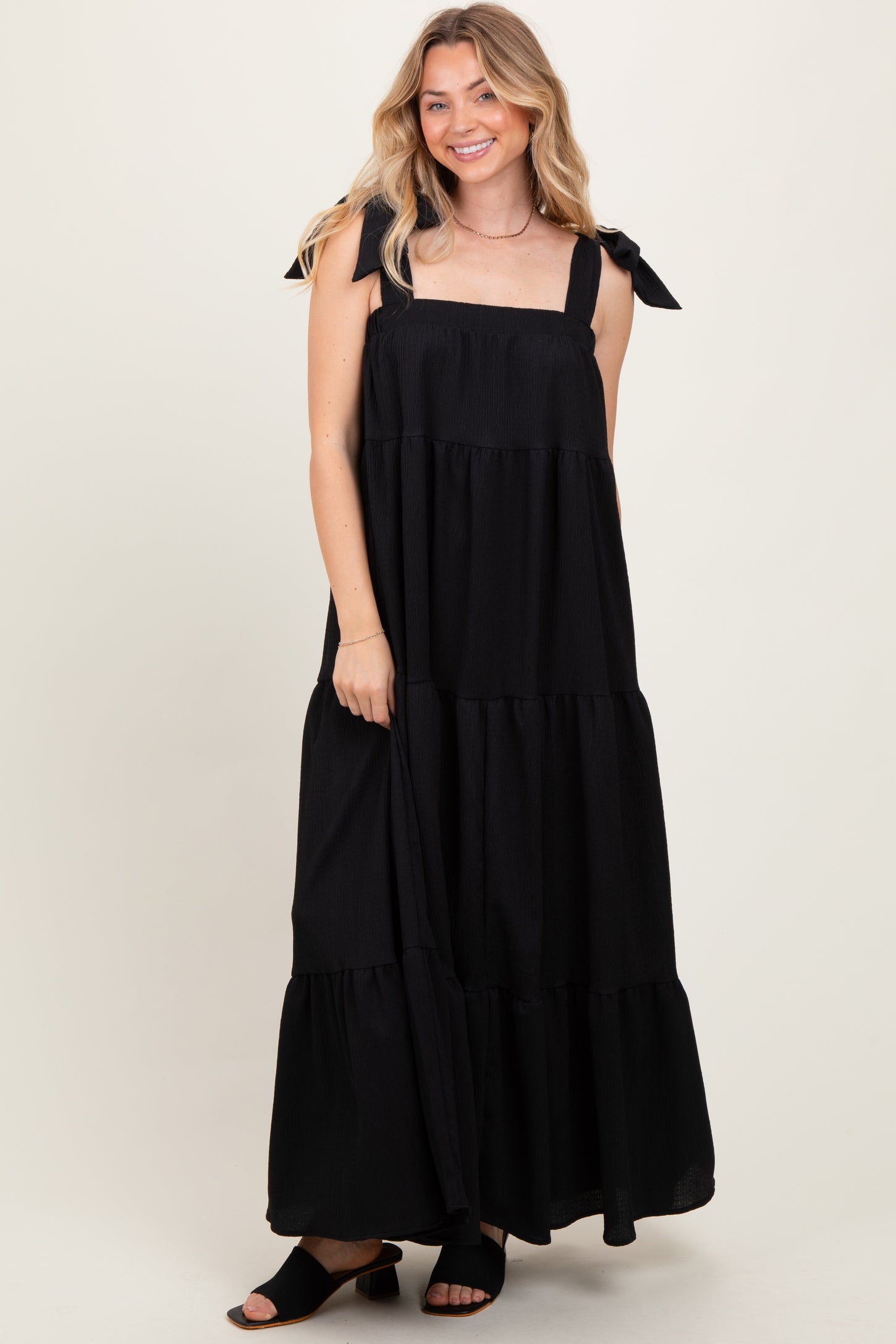 Black Shoulder Tie Tiered Maxi Dress