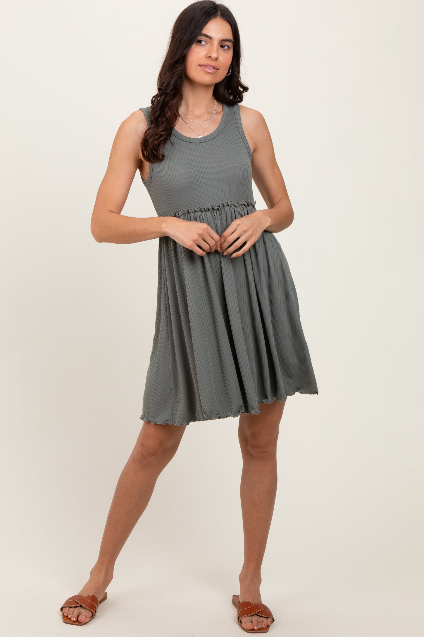 Olive Ribbed Sleeveless Lettuce Trim Mini Dress