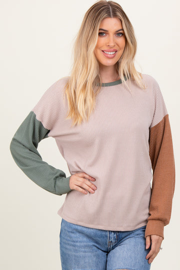Beige Ribbed Colorblock Sleeve Long Sleeve Top