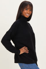 Black Ribbed Knit Turtleneck Dolman Sleeve Sweater