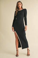 Black Wide Ribbed Knit Side Slit Maternity Maxi Dress
