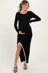 Black Wide Ribbed Knit Side Slit Maternity Maxi Dress