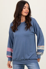 Blue Multicolor Trim French Terry Maternity Sweatshirt