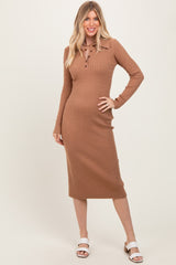 Camel Cable Knit Button Up Maternity Midi Dress