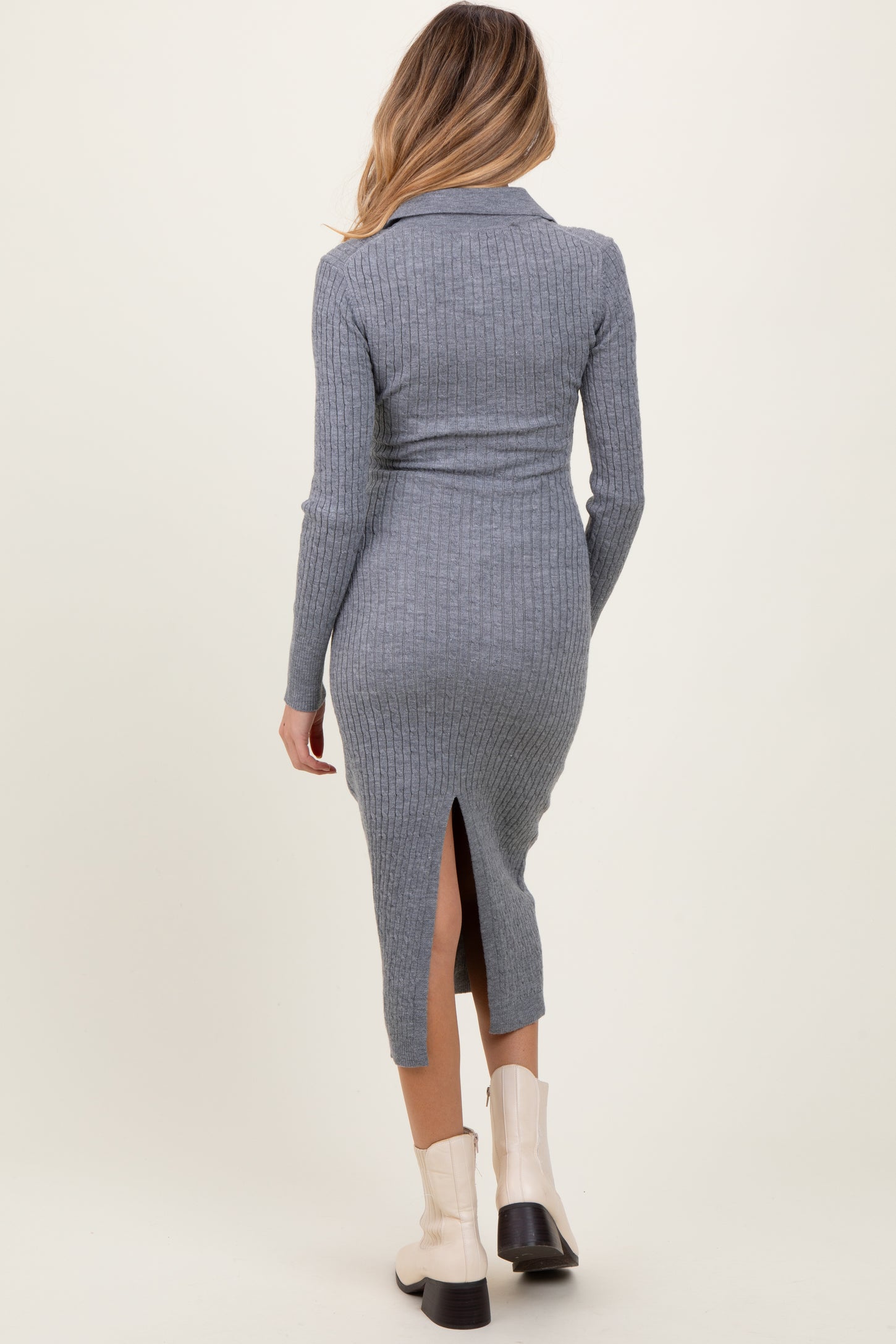 Heather Grey Cable Knit Button Up Maternity Midi Dress
