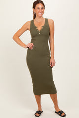 Olive Ribbed Fitted Sleeveless Snap Button Dress