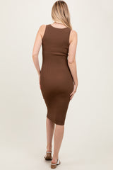 Brown Ribbed Fitted Sleeveless Snap Button Dress