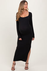 Black Long Sleeve Side Slit Maternity Maxi Dress