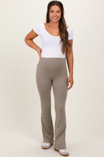 Light Olive Fold Over Waistband Maternity Flared Pants