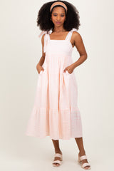Light Pink Gingham Lace Trim Shoulder Tie Maxi Dress