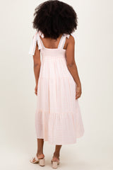 Light Pink Gingham Lace Trim Shoulder Tie Maxi Dress