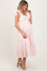 Light Pink Gingham Lace Trim Shoulder Tie Maternity Maxi Dress
