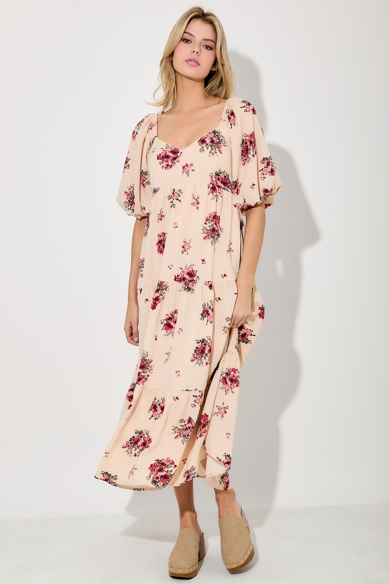 Cream Floral Puff Sleeve Maternity Tiered Maxi Dress