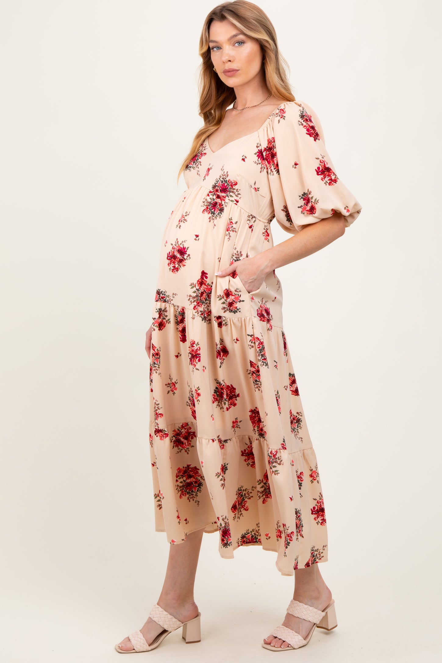 Cream Floral Puff Sleeve Maternity Tiered Maxi Dress
